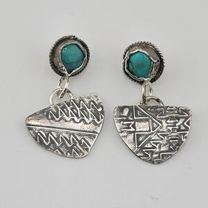 TURQUOISE BOHEMIAN TRIBAL EMBOSSED EARRINGS HANDMADE IN STERLING SILVER